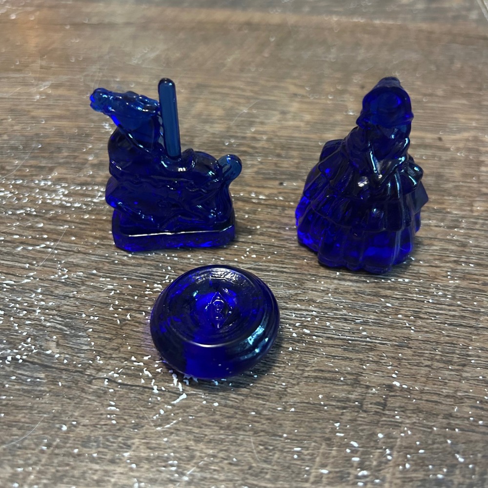 Boyd Glass Cobalt Blue Miniatures Taffy Carousel Horse Colonial Lady Dish Set 3